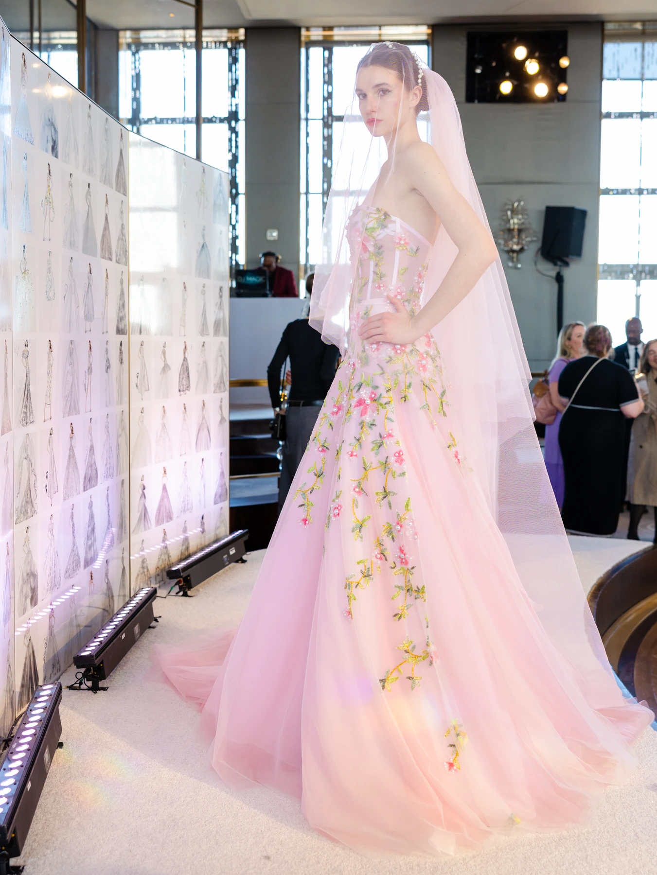 pink wedding gown with flowers and pink wedding veil by Nardos