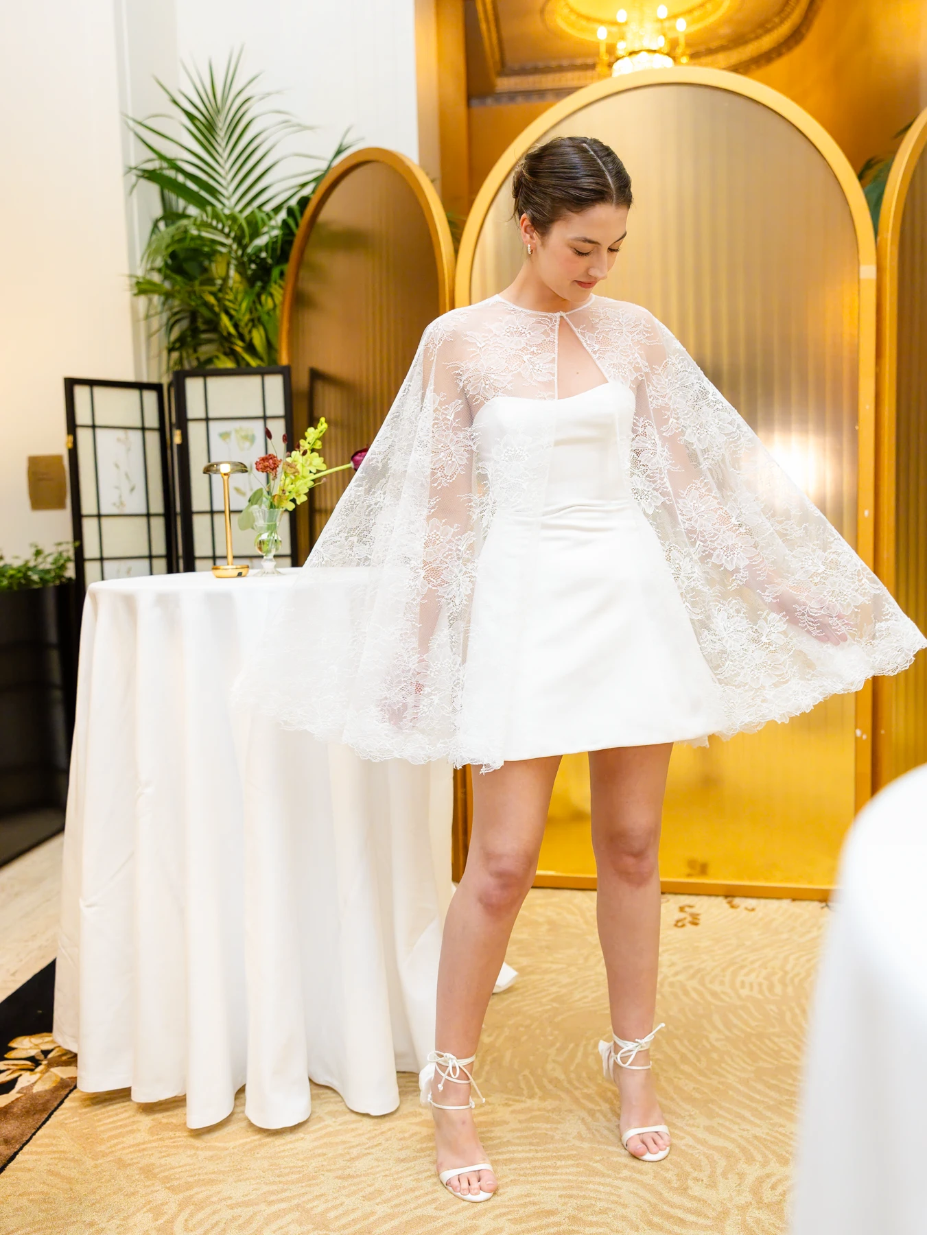 Short Watters wedding dress with lace cape