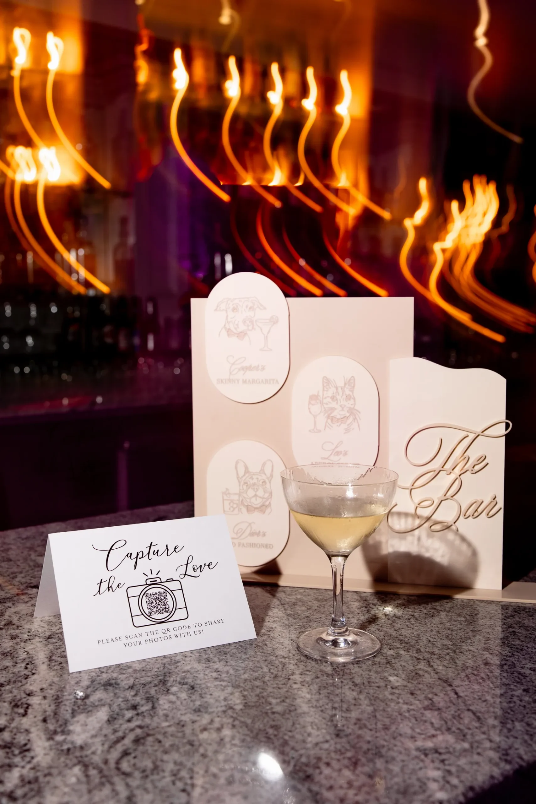 Bar menu with pet illustrations and a martini glass at Katherine and Michelle's wedding at Hudson House in Jersey City.