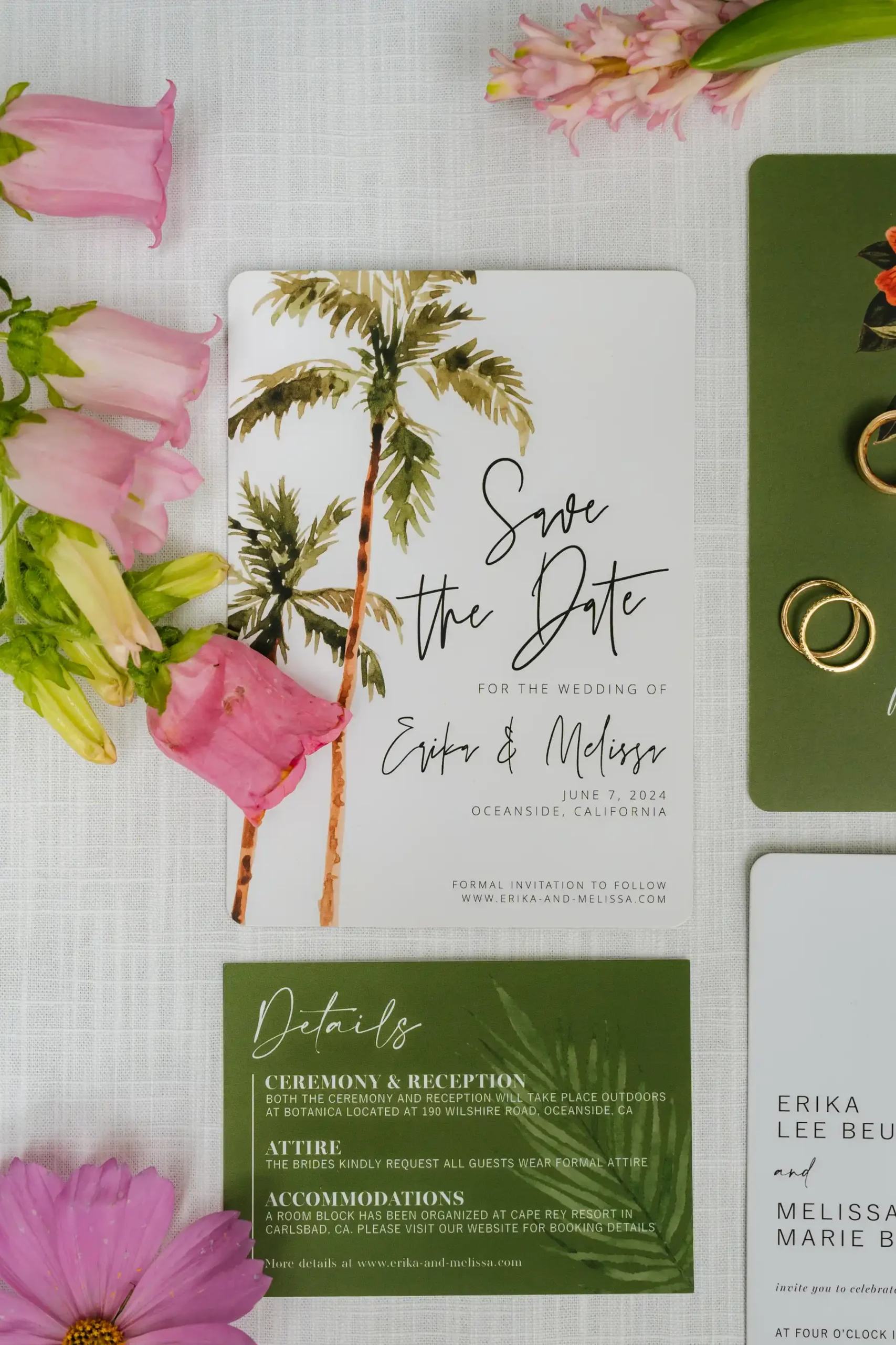 Save the date card and details card for Erika and Melissa's June 2024 wedding at Botanica in Oceanside, California.