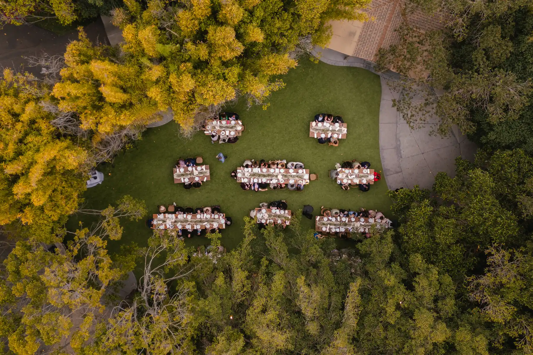 Aerial view of outdoor wedding reception dinner on green lawn surrounded by trees at Botanica in Oceanside, California.