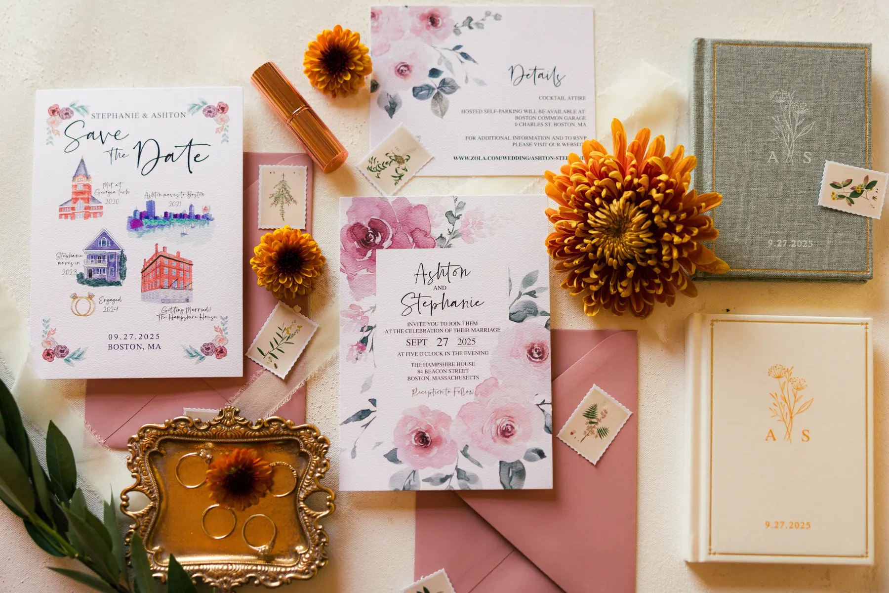Ashton and Stephanie's floral wedding invitation suite with save the date, details card and vow books at Hampshire House, Boston.