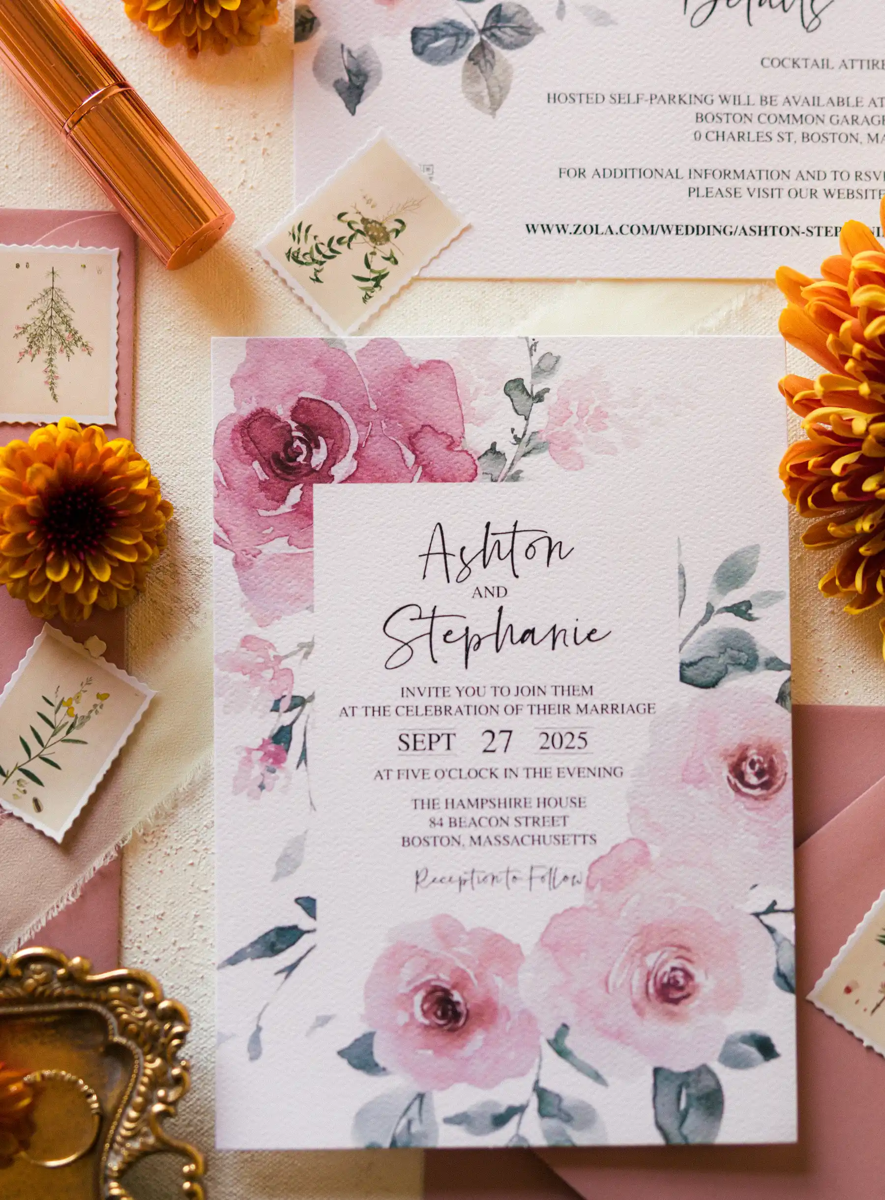 Ashton and Stephanie's floral watercolor wedding invitation for their Sept. 27, 2025, ceremony at Hampshire House in Boston.