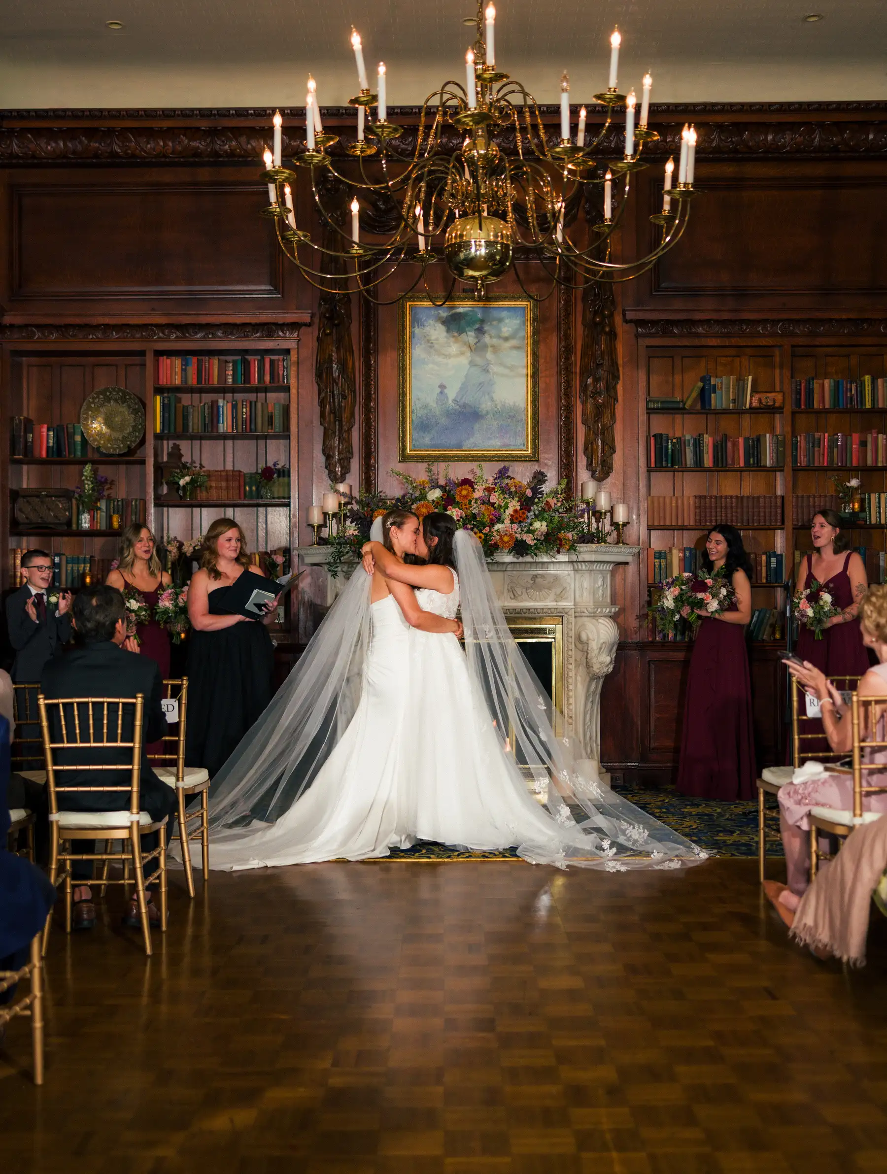 Brides Ashton Hattori and Stephanie Tillman share their first kiss at Hampshire House in Boston, MA.