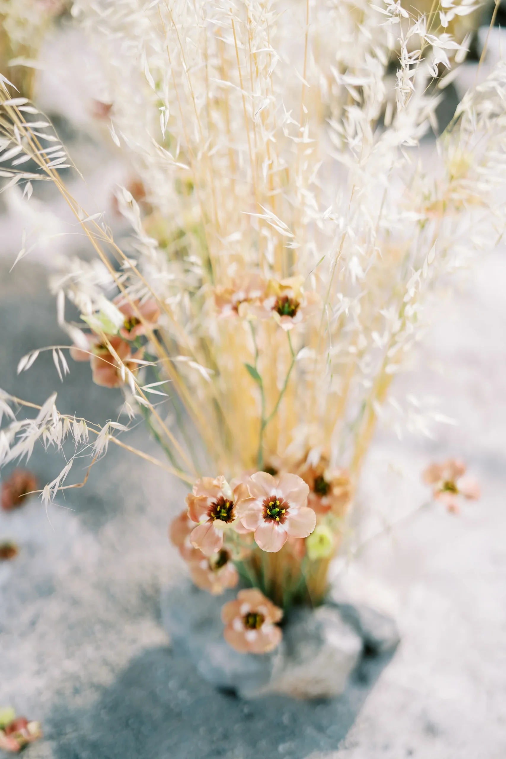 Blush wildflowers and dried oat grass arrangement at Ryan Jake and Jori's wedding at Monte Bay Retreat in Perast, Montenegro.