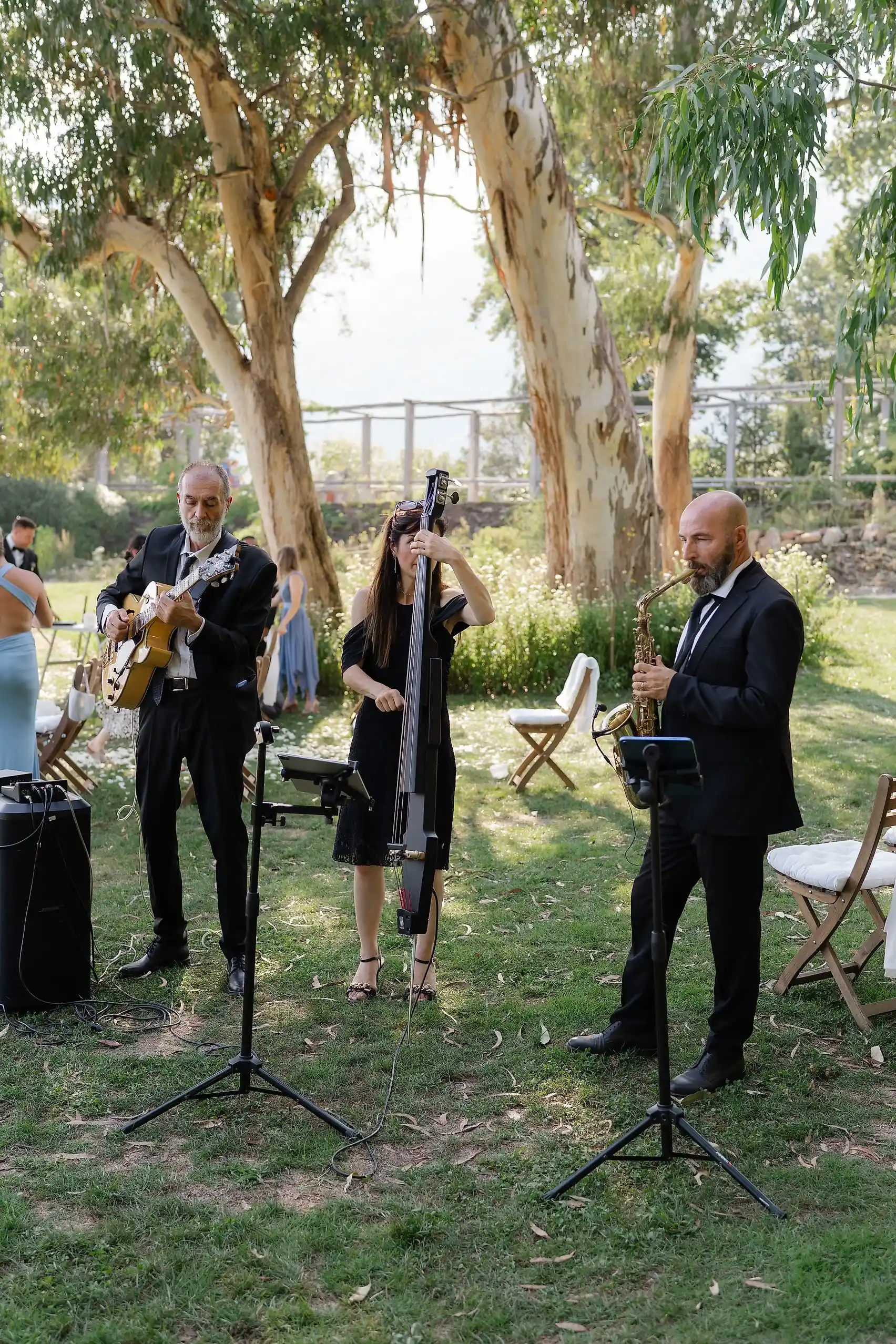A jazz trio performs outdoors at Villa Emden on Brissago Island, Switzerland, during Ashley and Dionne's wedding reception.