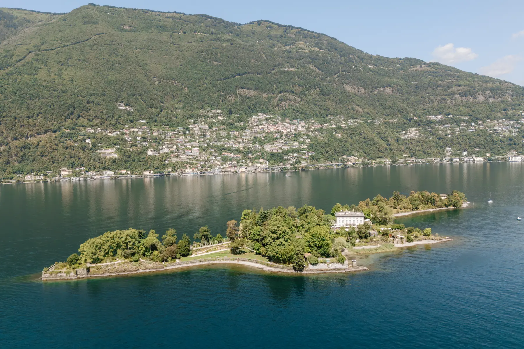 Aerial view of Brissago Island on Lake Maggiore, Switzerland, where Ashley Rodriguez-Vargas and Dionne Vargas wed at Villa Emden.