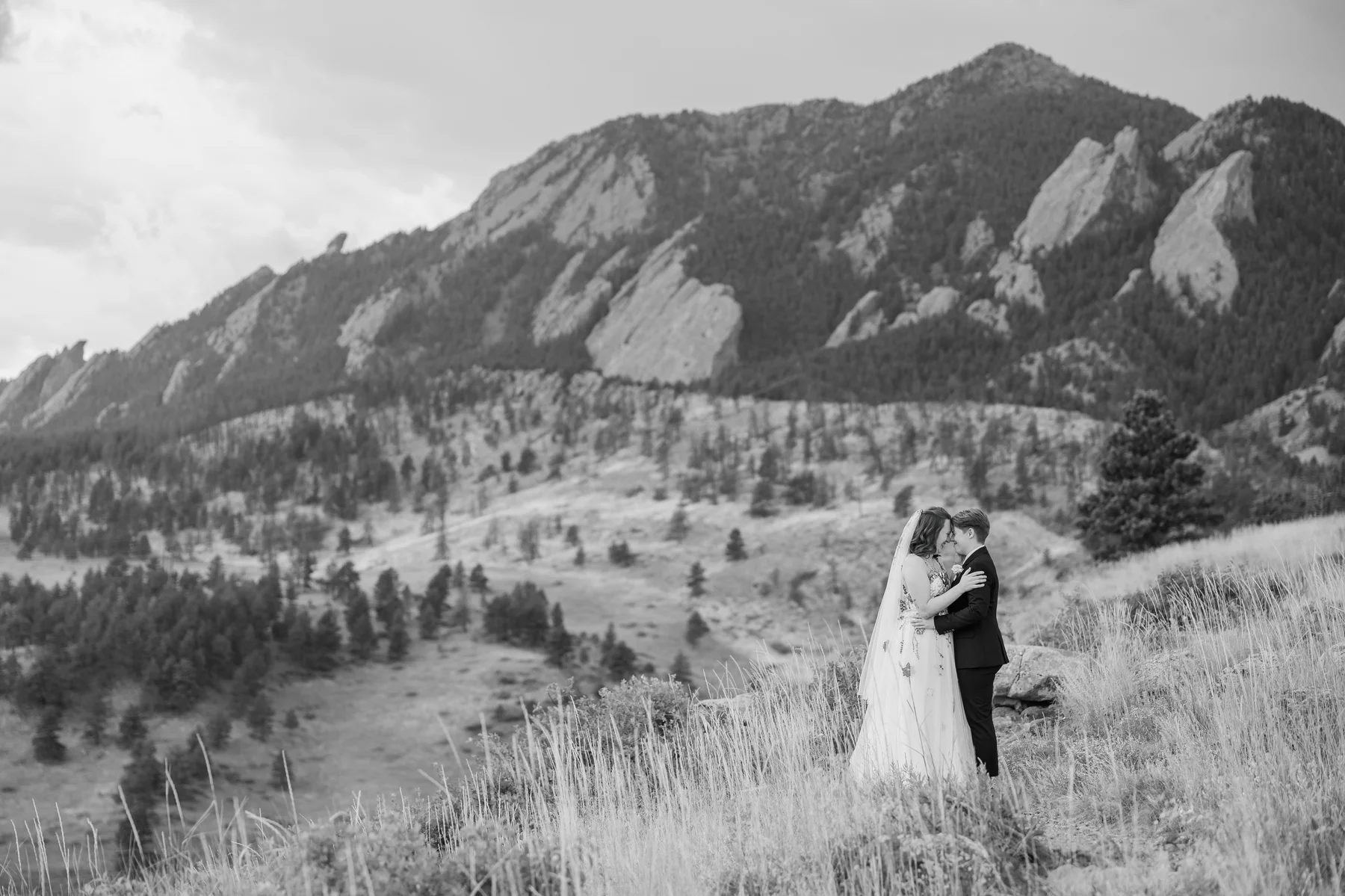 Sydney and Hannah Rusow share a kiss amid tall grass with the Flatirons rising behind them in Boulder, CO.