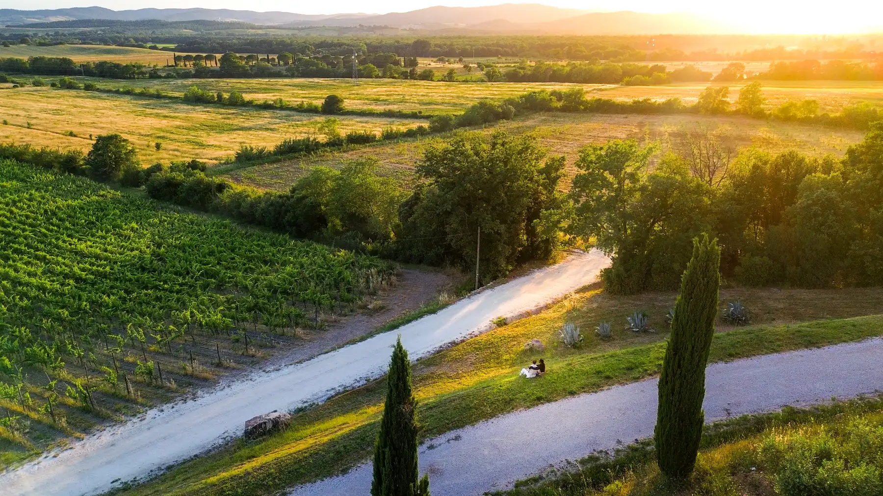 Two grooms sit together on a grassy hillside at golden hour beside a winding road at Conti di San Bonifacio Wine Resort in Tuscany.